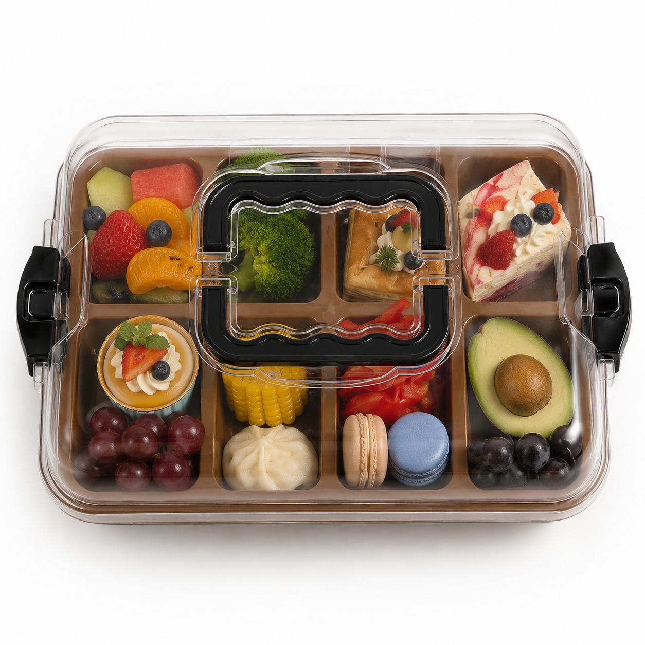 Charcuterie Board with Handle - Portable Sectioned Serving Tray, Locking Lid, Plastic