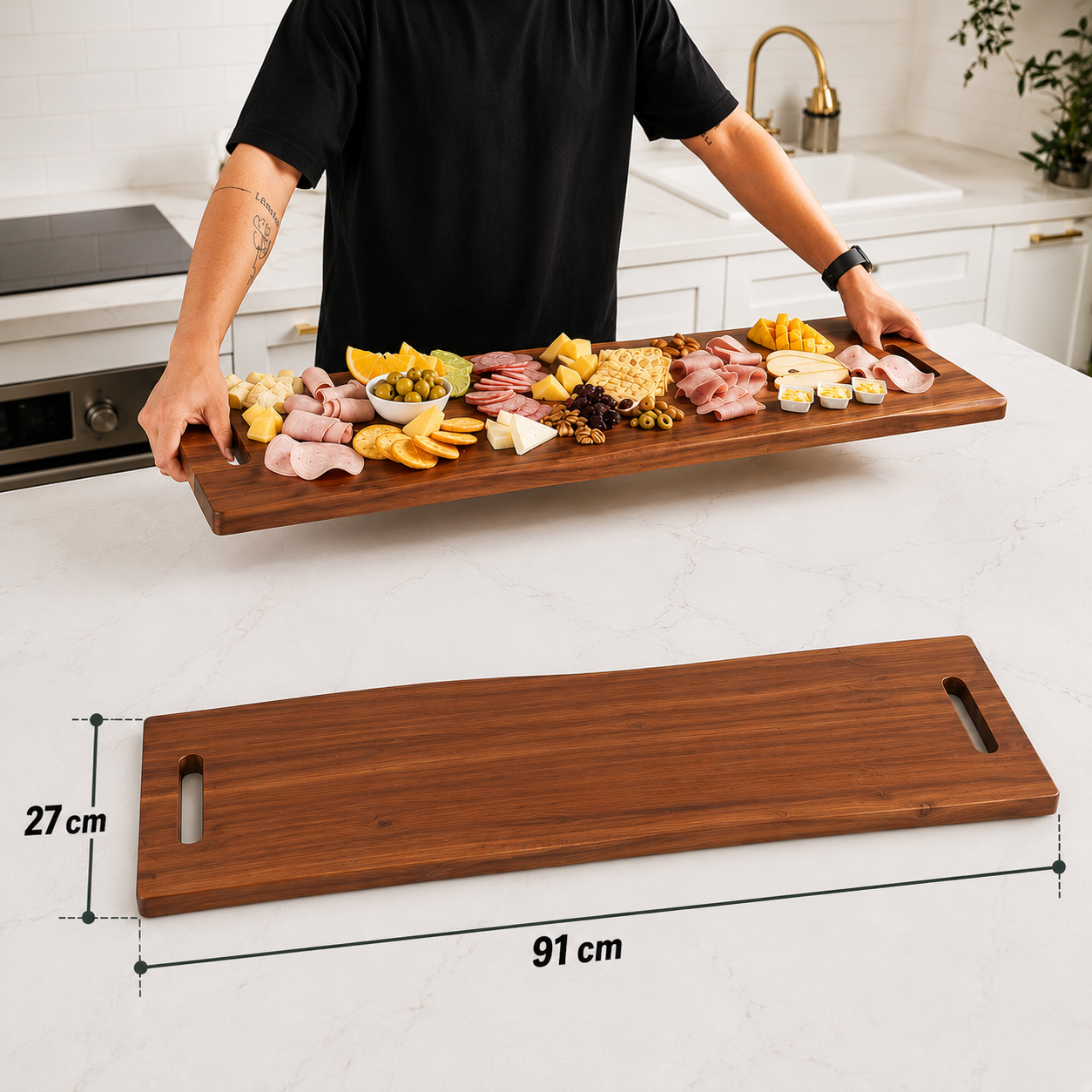 Charcuterie Board - Extra Large Wooden Cheese, Grazing & Serving Board with Handles, 91cm x 27cm