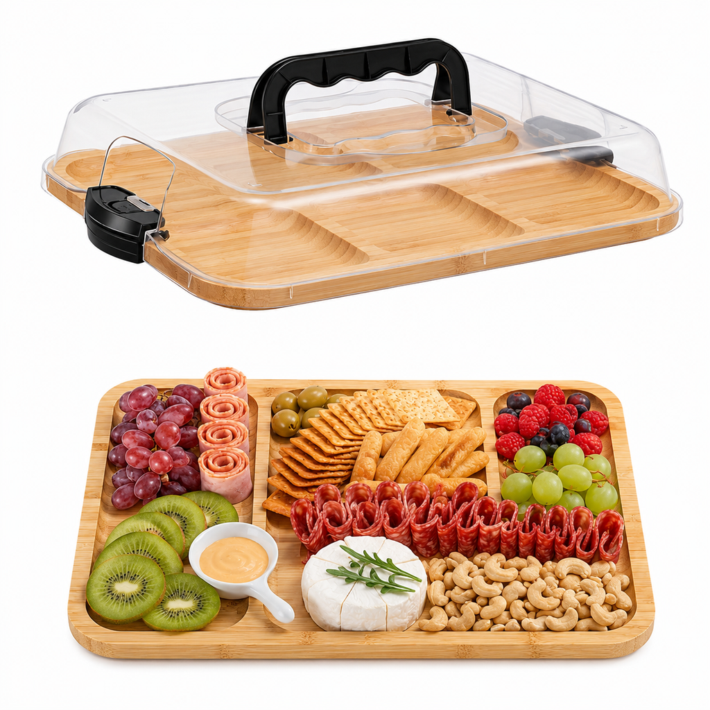 Charcuterie Board with Handle - Portable Sectioned Serving Tray, Locking Lid, Plastic
