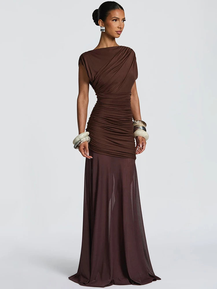 The Elodie Ruched Mesh Maxi Dress