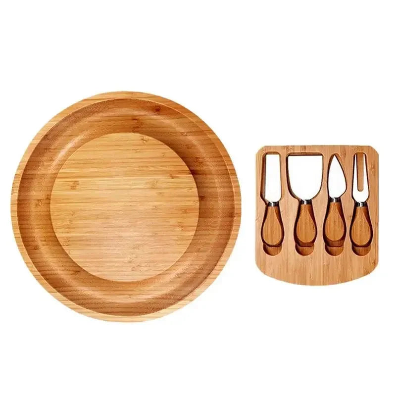 Charcuterie Board - Round Wooden Cheese Board, Grazing & Serving Board with Knife Set, 25cm x 25cm