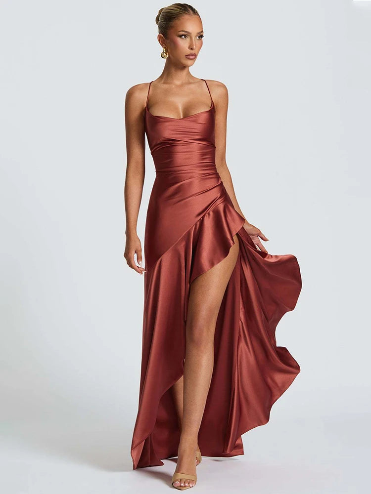 Veronica Satin Dress Tan Red