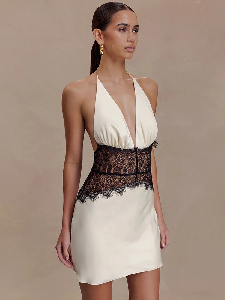 The Rosamund Lace Halter Mini Dress