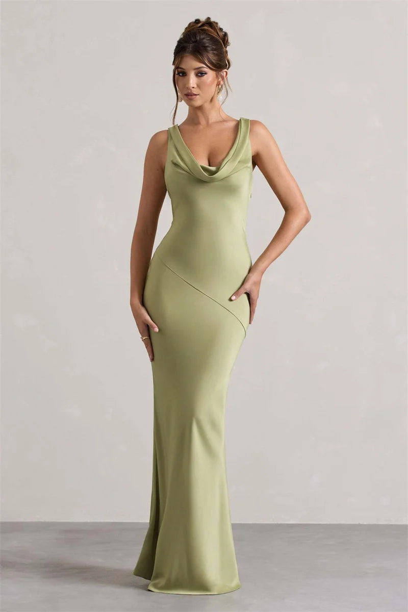 Estella Satin Cowl Neck Maxi Dress Green