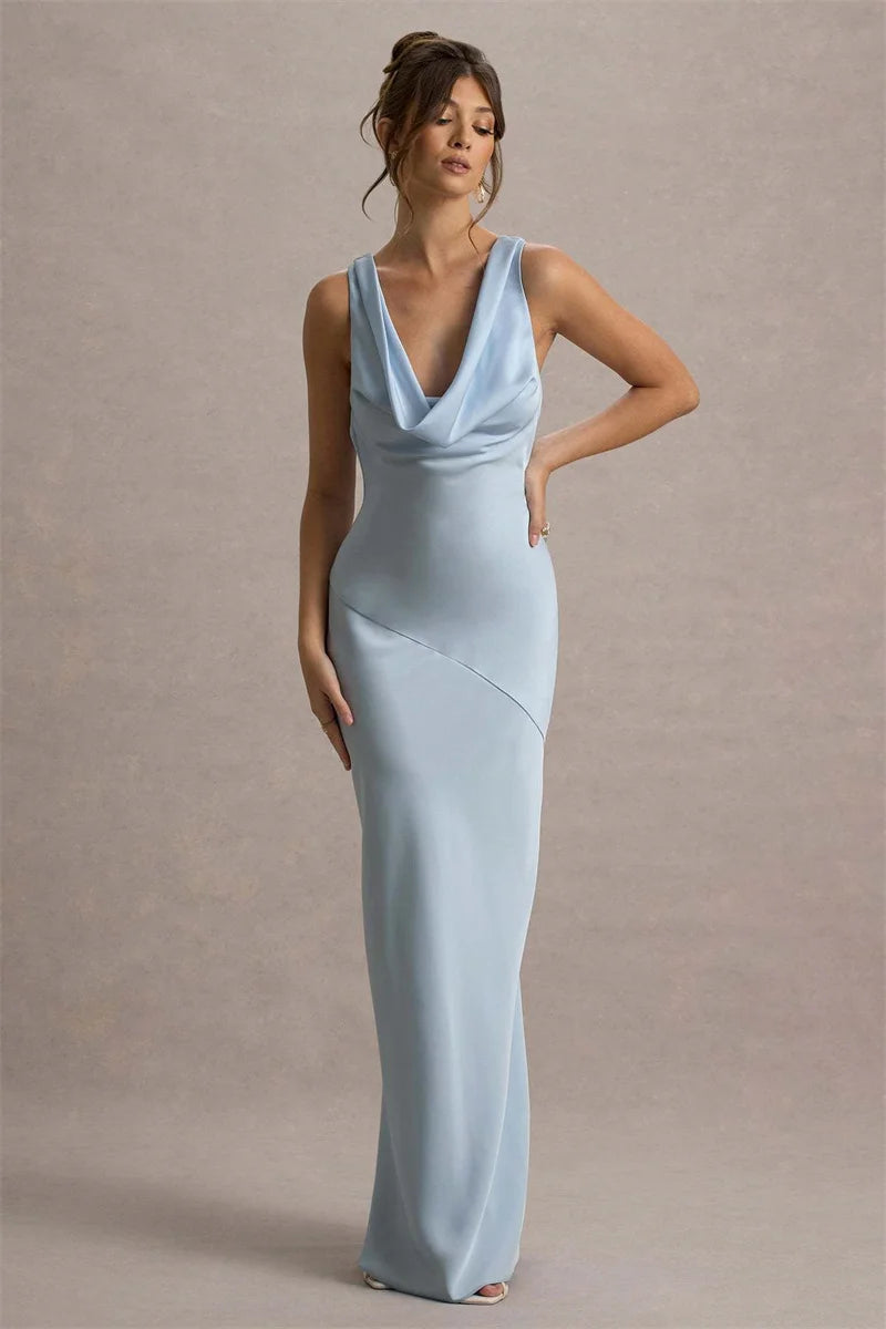 Estella Satin Cowl Neck Maxi Dress Sky Blue