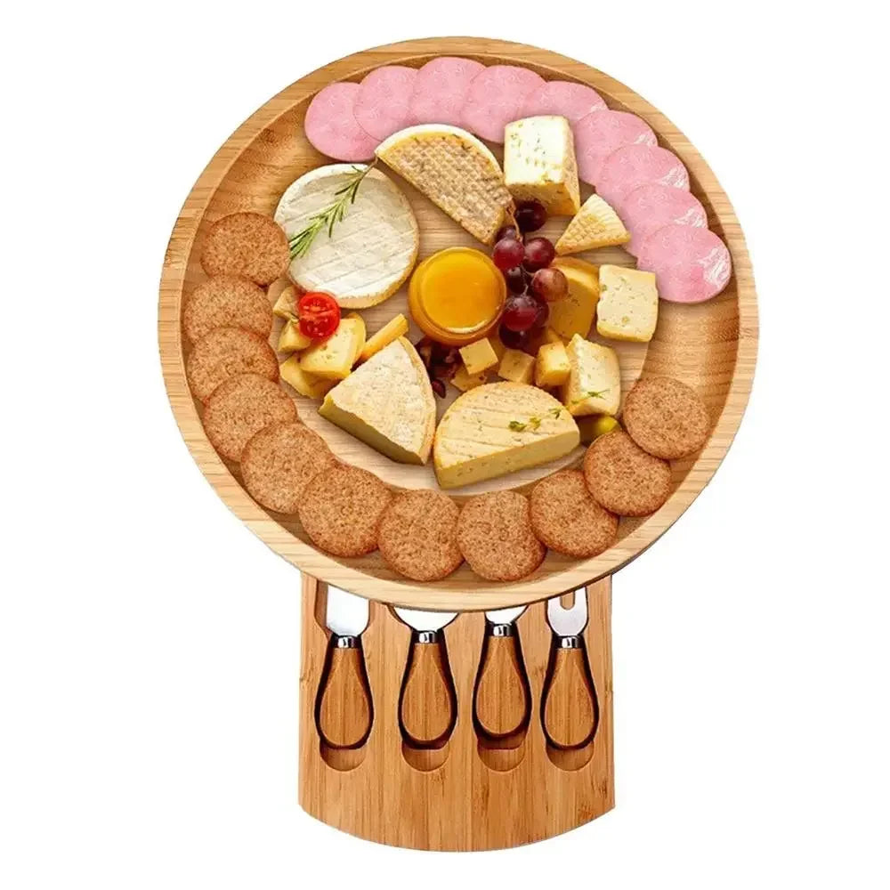 Charcuterie Board - Round Wooden Cheese Board, Grazing & Serving Board with Knife Set, 25cm x 25cm