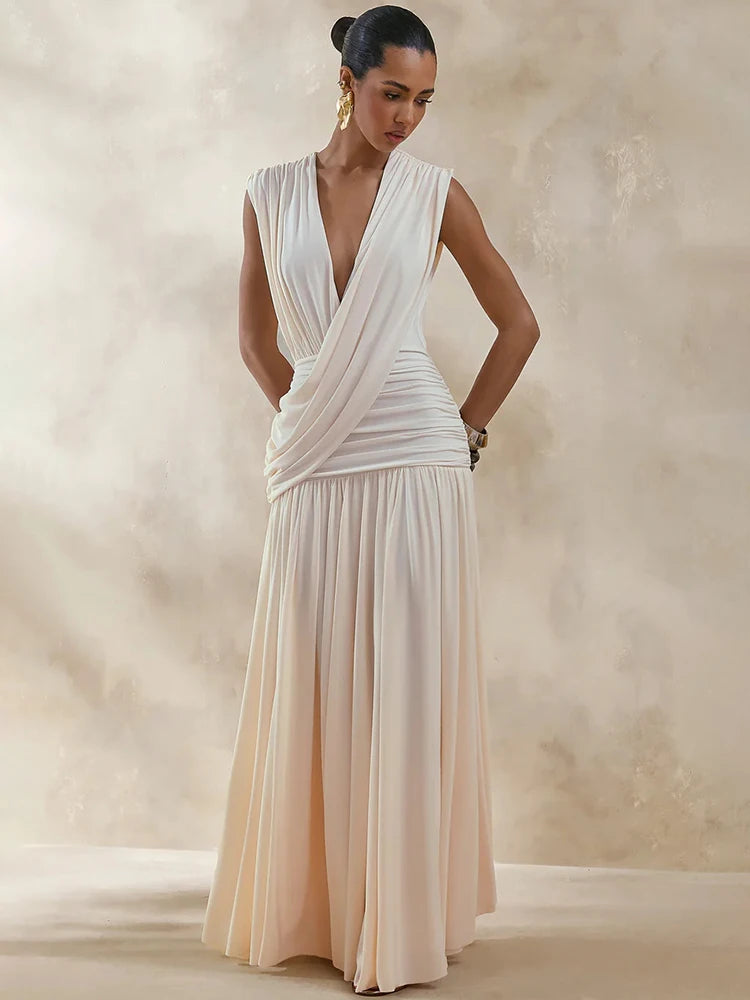 The Camille Draped V-Neck Maxi Dress