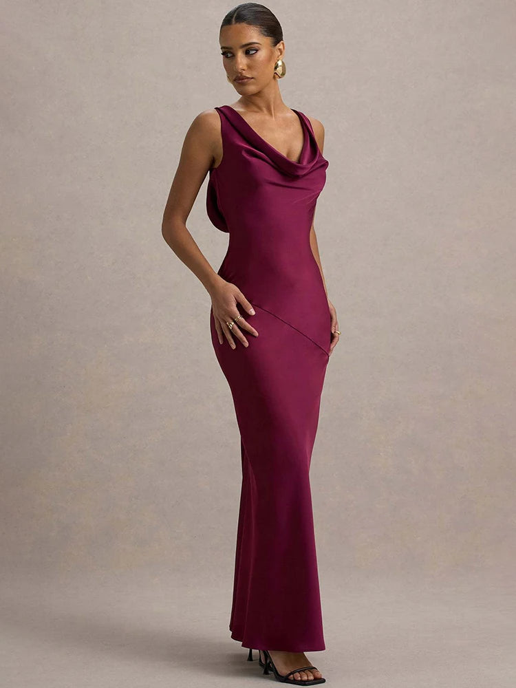Estella Satin Cowl Neck Maxi Dress Rose Pink
