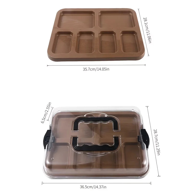 Charcuterie Board with Handle - Portable Sectioned Serving Tray, Locking Lid, Plastic