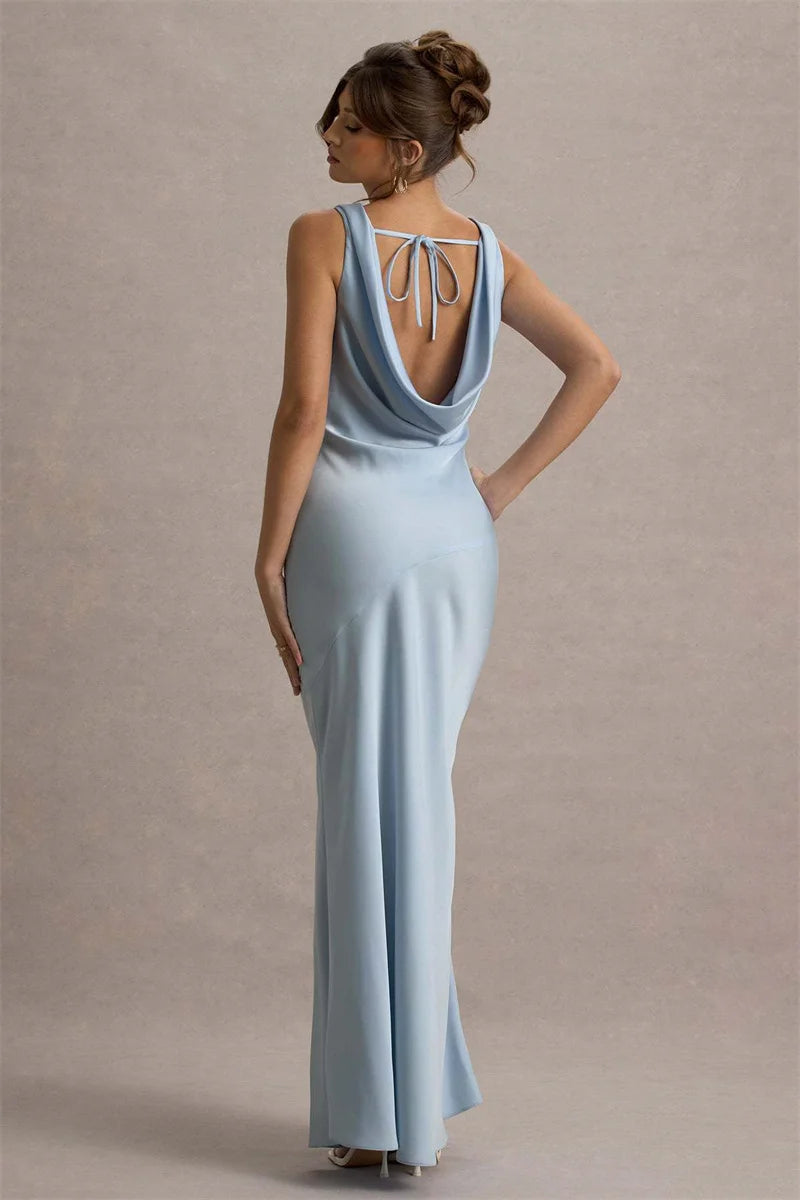 Estella Satin Cowl Neck Maxi Dress Sky Blue