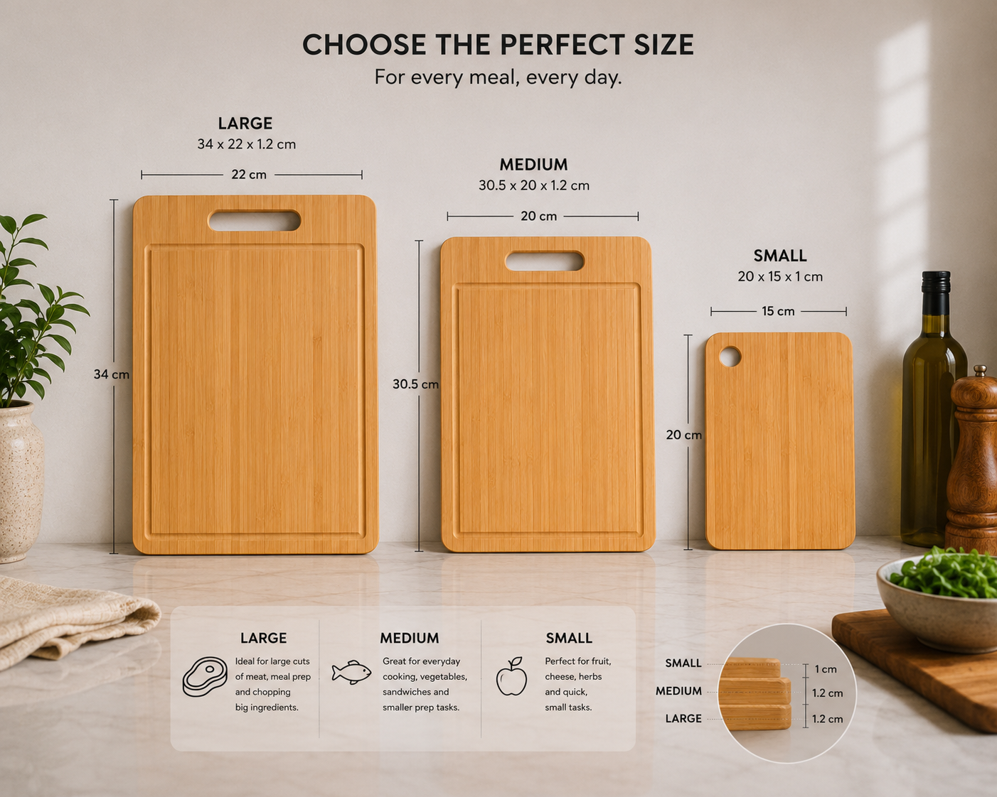 Bamboo Chopping Board Set (3 Pack) | Wooden Chopping Boards | Microplastic-Free